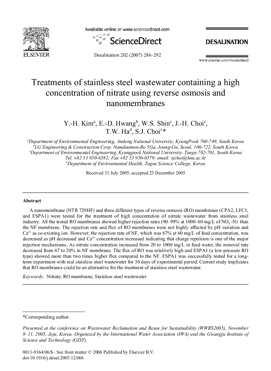 Treatments of stainless steel wastewater containing a high concentration of nitrate using reverse osmosis and nanomembranes