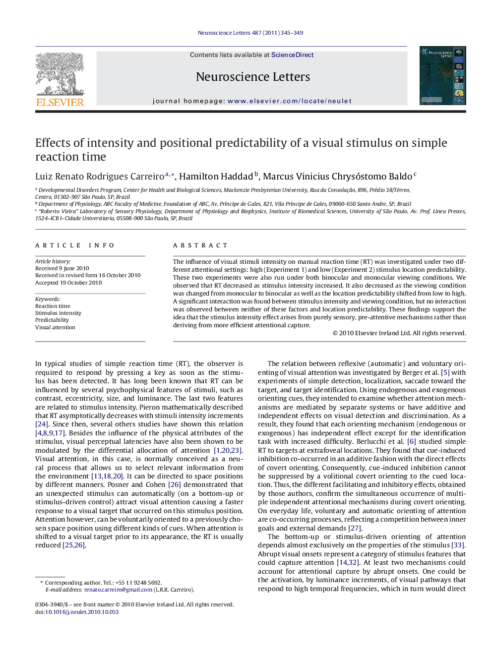 Effects of intensity and positional predictability of a visual stimulus on simple reaction time