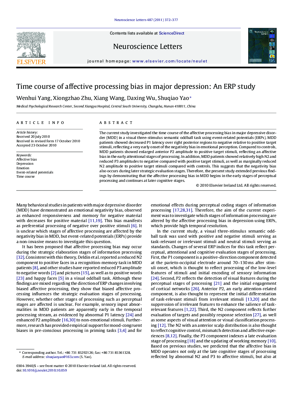 Time course of affective processing bias in major depression: An ERP study