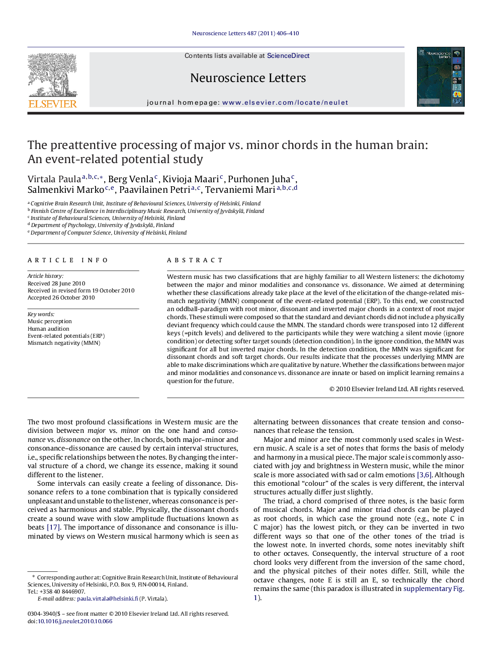 The preattentive processing of major vs. minor chords in the human brain: An event-related potential study