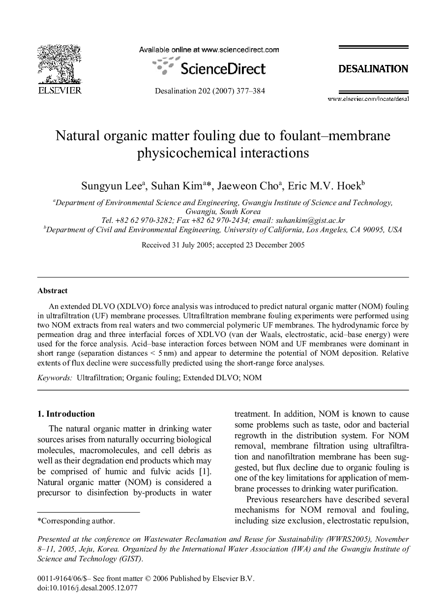 Natural organic matter fouling due to foulant–membrane physicochemical interactions