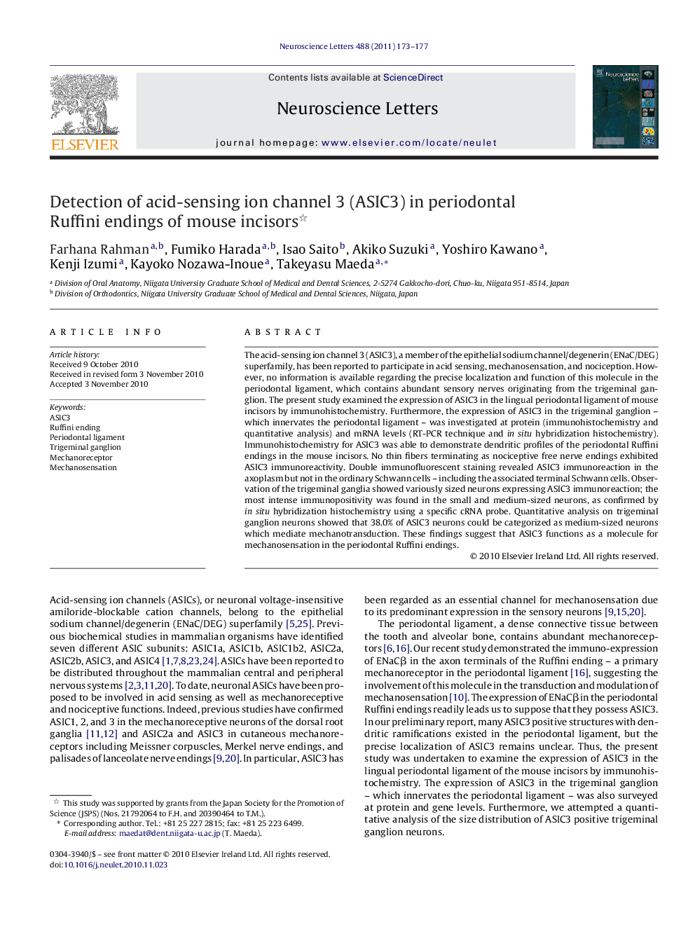 Detection of acid-sensing ion channel 3 (ASIC3) in periodontal Ruffini endings of mouse incisors