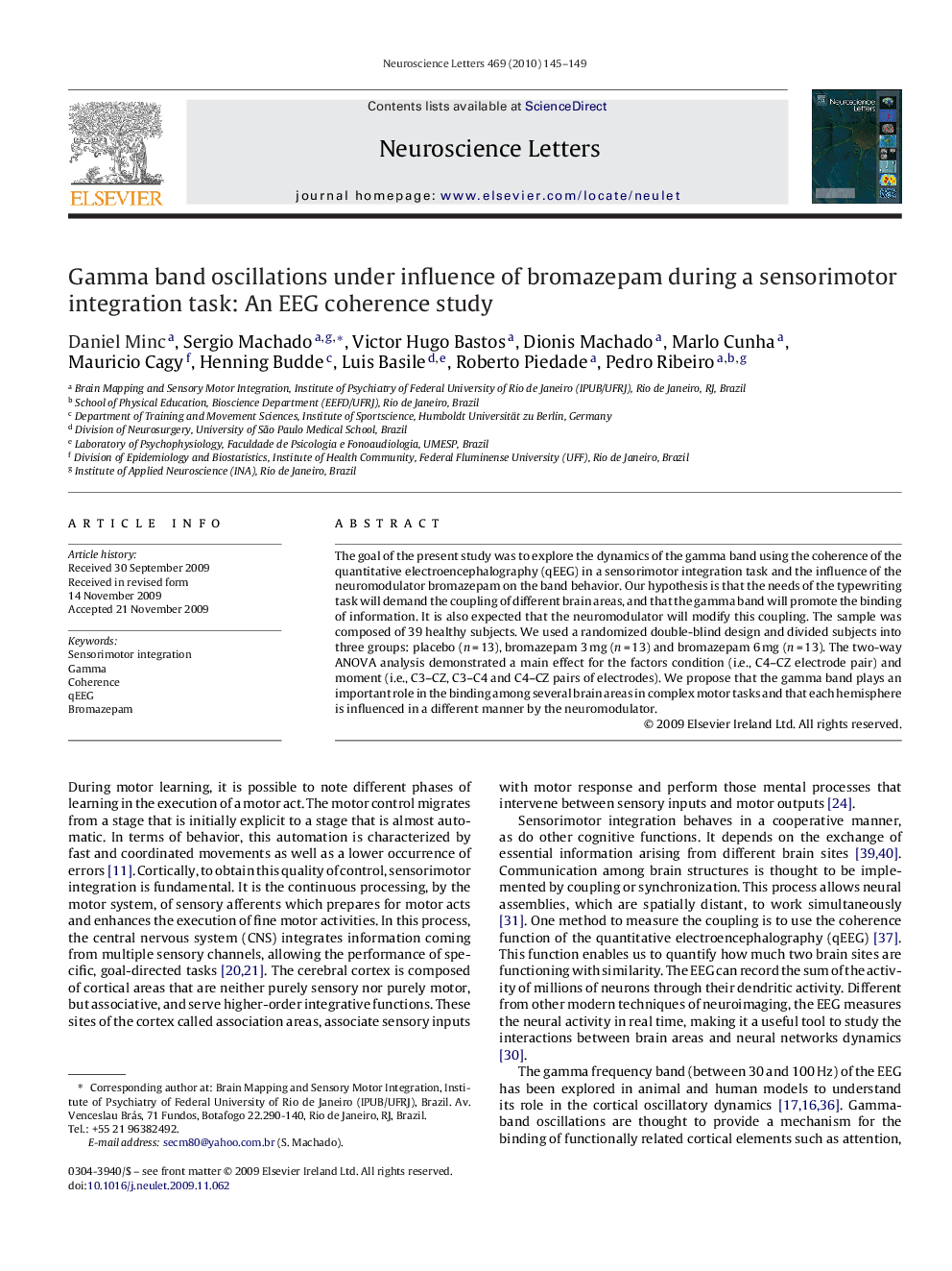 Gamma band oscillations under influence of bromazepam during a sensorimotor integration task: An EEG coherence study