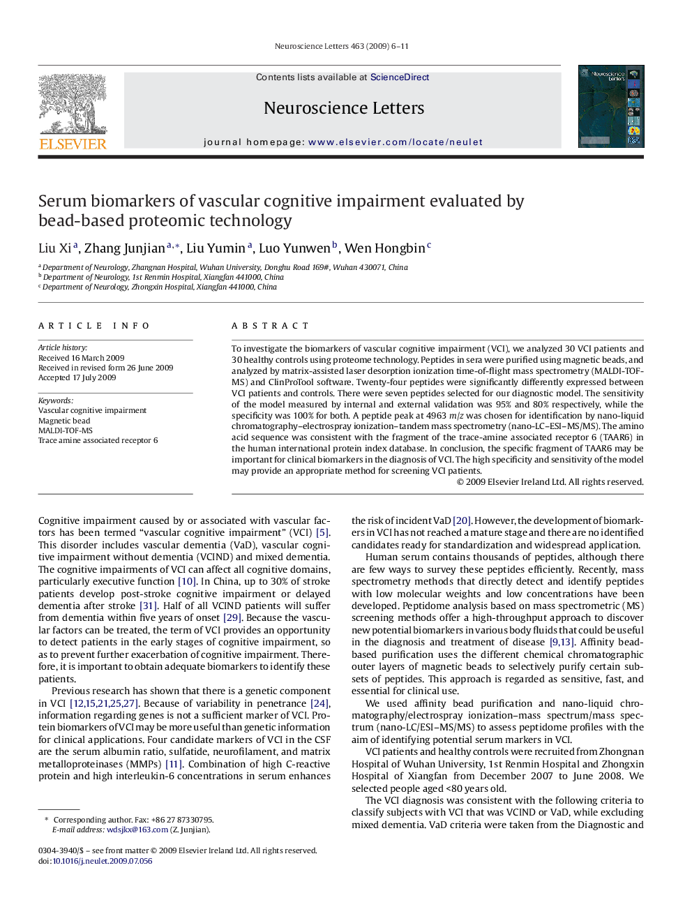 Serum biomarkers of vascular cognitive impairment evaluated by bead-based proteomic technology