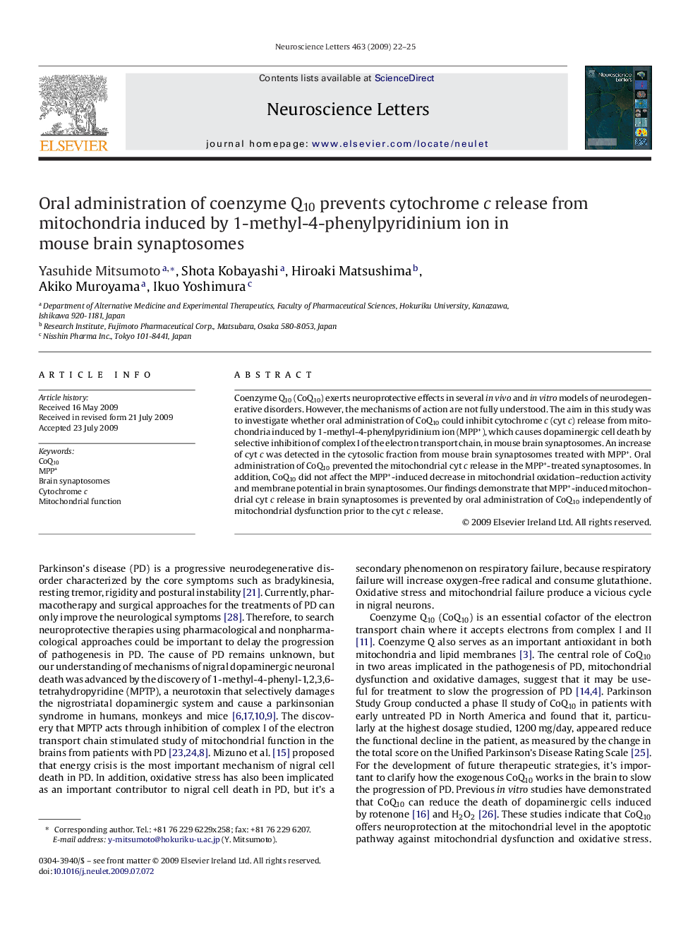 Oral administration of coenzyme Q10 prevents cytochrome c release from mitochondria induced by 1-methyl-4-phenylpyridinium ion in mouse brain synaptosomes