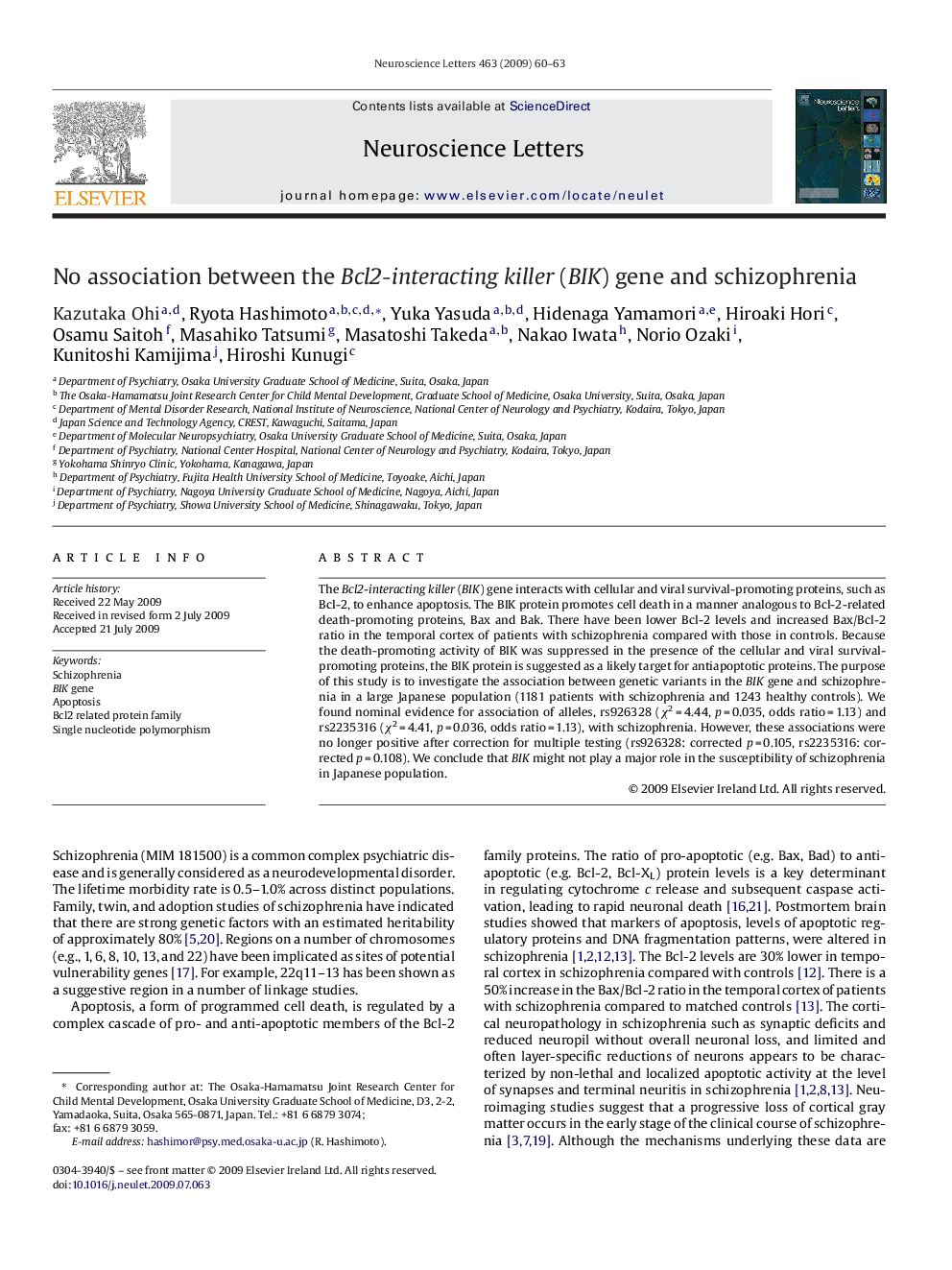 No association between the Bcl2-interacting killer (BIK) gene and schizophrenia