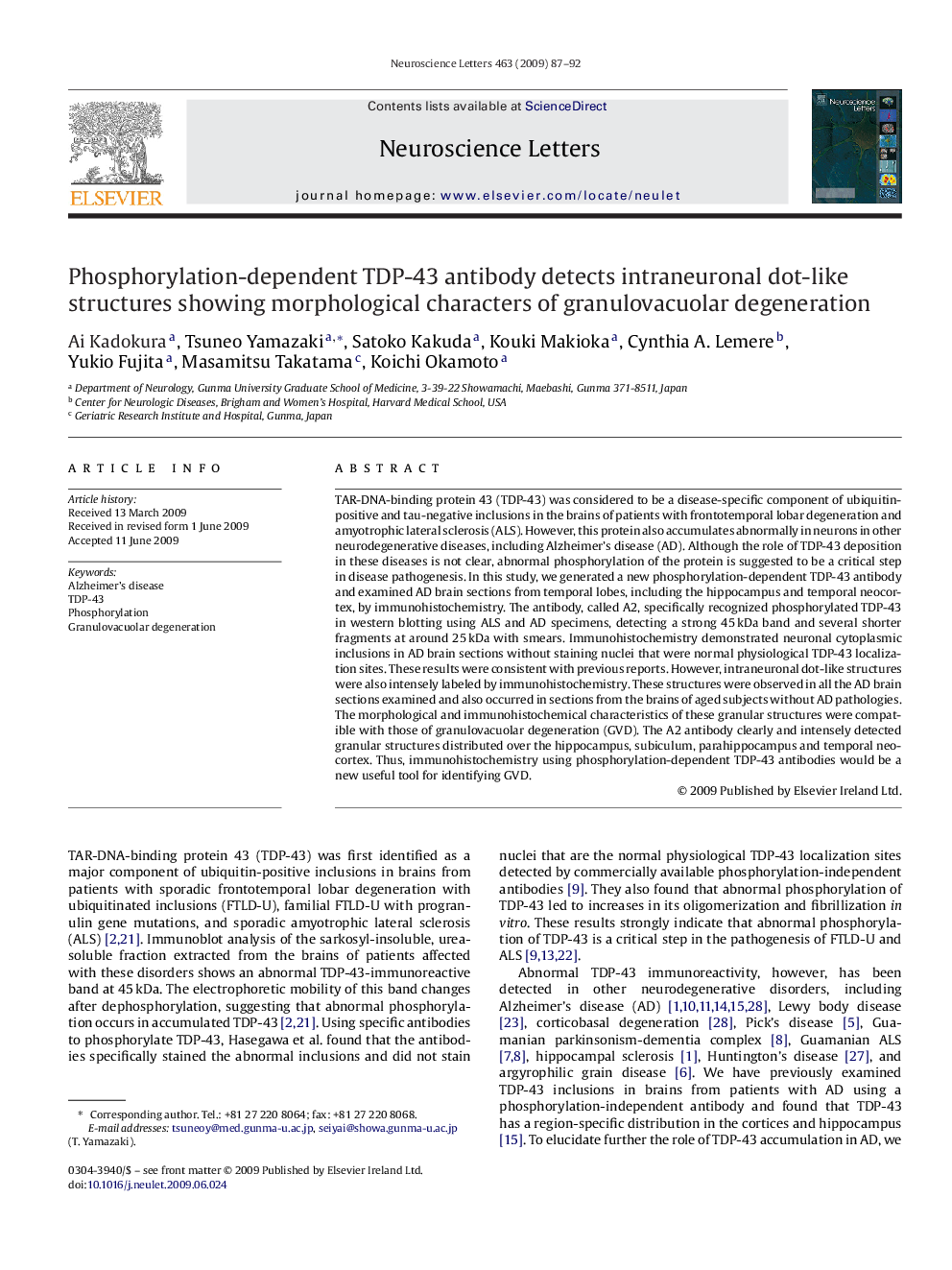 Phosphorylation-dependent TDP-43 antibody detects intraneuronal dot-like structures showing morphological characters of granulovacuolar degeneration