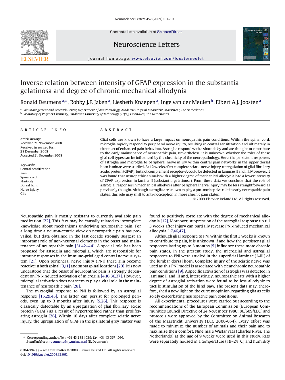 Inverse relation between intensity of GFAP expression in the substantia gelatinosa and degree of chronic mechanical allodynia