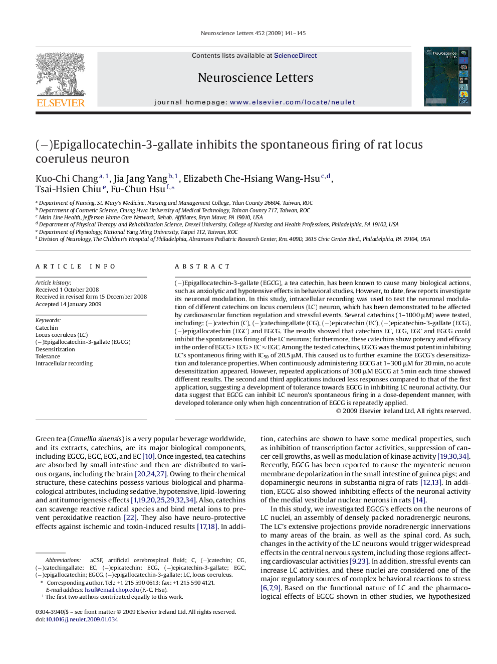 (â)Epigallocatechin-3-gallate inhibits the spontaneous firing of rat locus coeruleus neuron