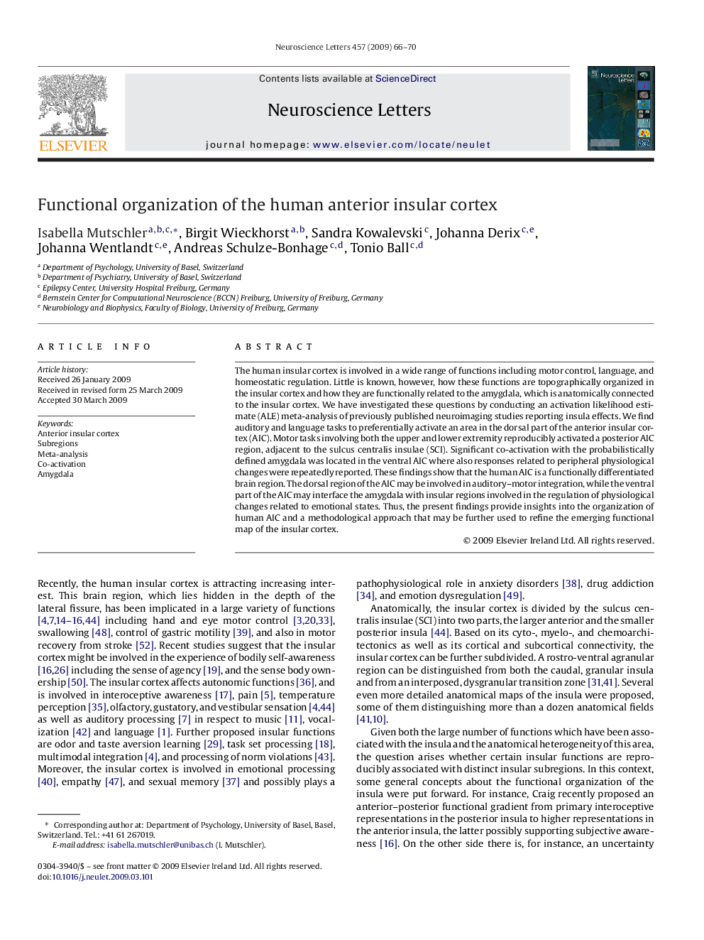 Functional organization of the human anterior insular cortex