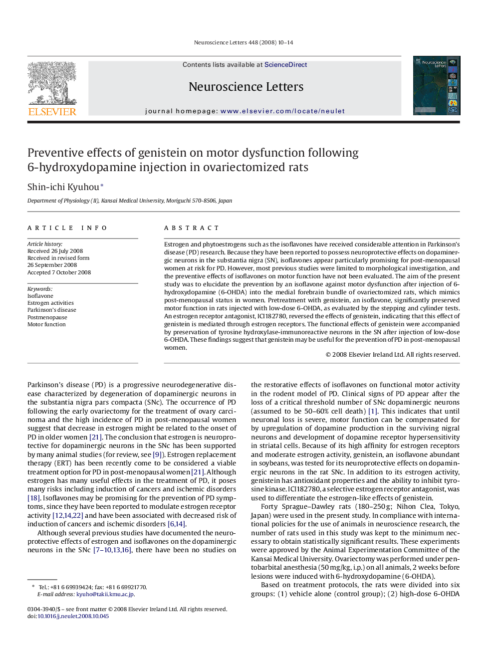 Preventive effects of genistein on motor dysfunction following 6-hydroxydopamine injection in ovariectomized rats