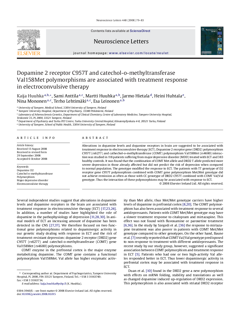 Dopamine 2 receptor C957T and catechol-o-methyltransferase Val158Met polymorphisms are associated with treatment response in electroconvulsive therapy