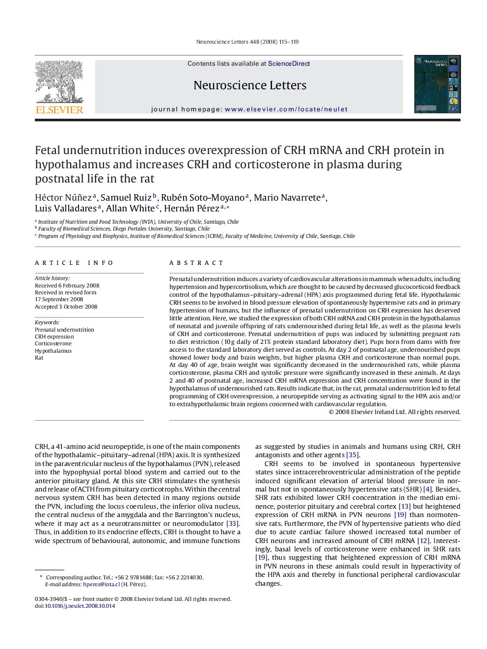 Fetal undernutrition induces overexpression of CRH mRNA and CRH protein in hypothalamus and increases CRH and corticosterone in plasma during postnatal life in the rat