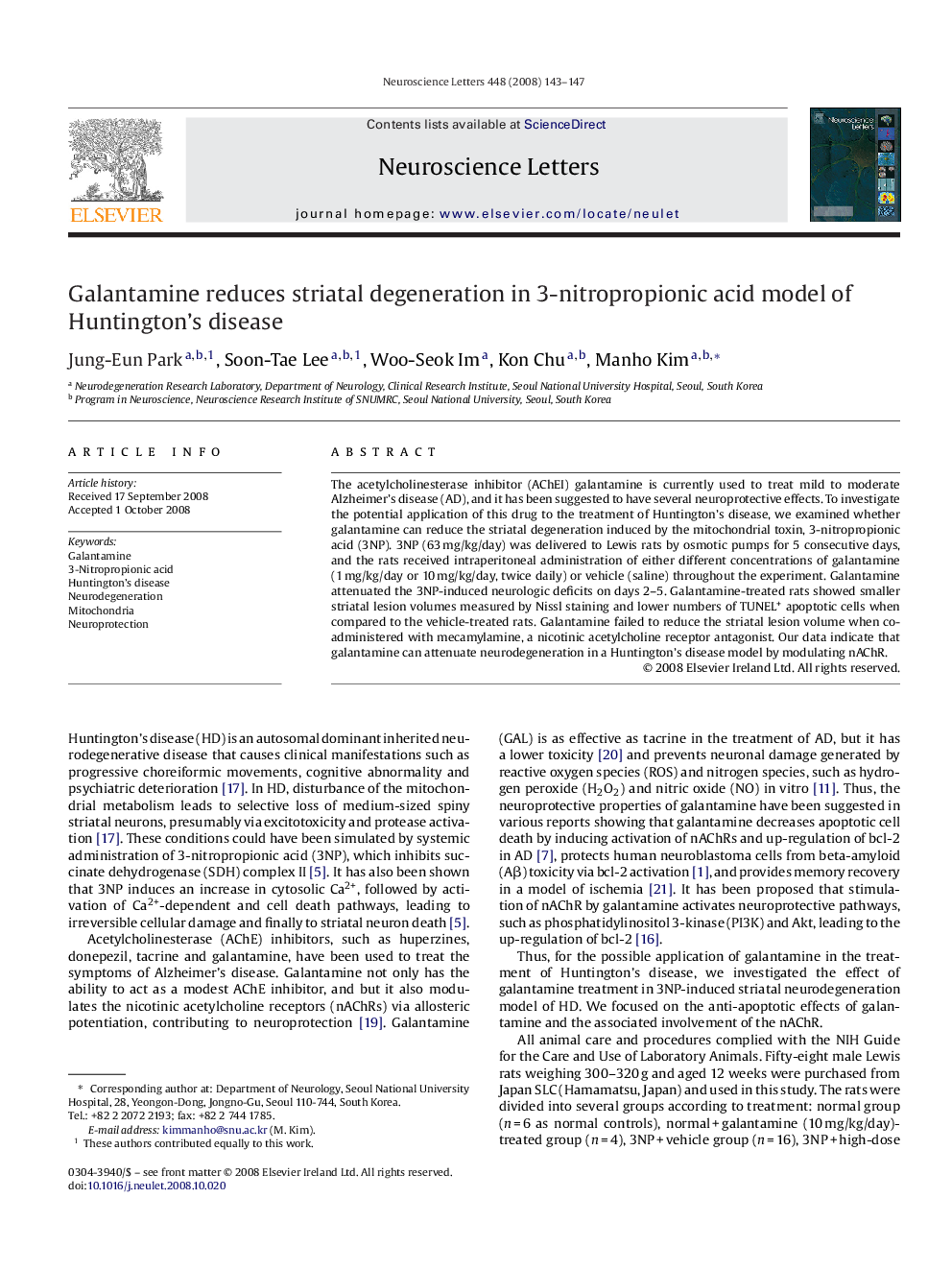 Galantamine reduces striatal degeneration in 3-nitropropionic acid model of Huntington's disease