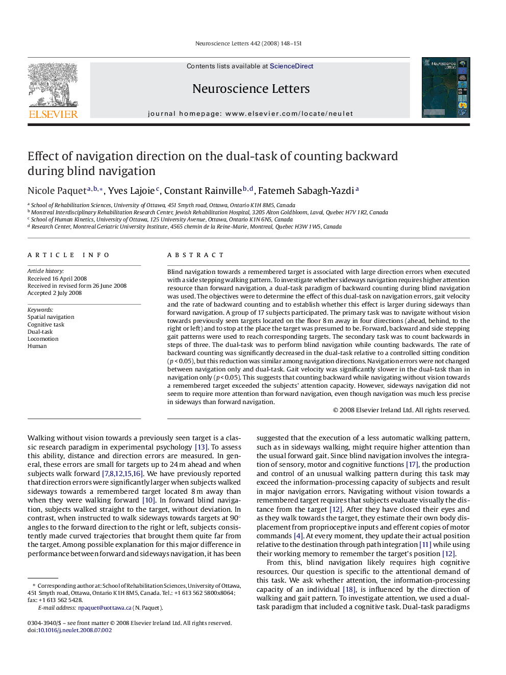 Effect of navigation direction on the dual-task of counting backward during blind navigation