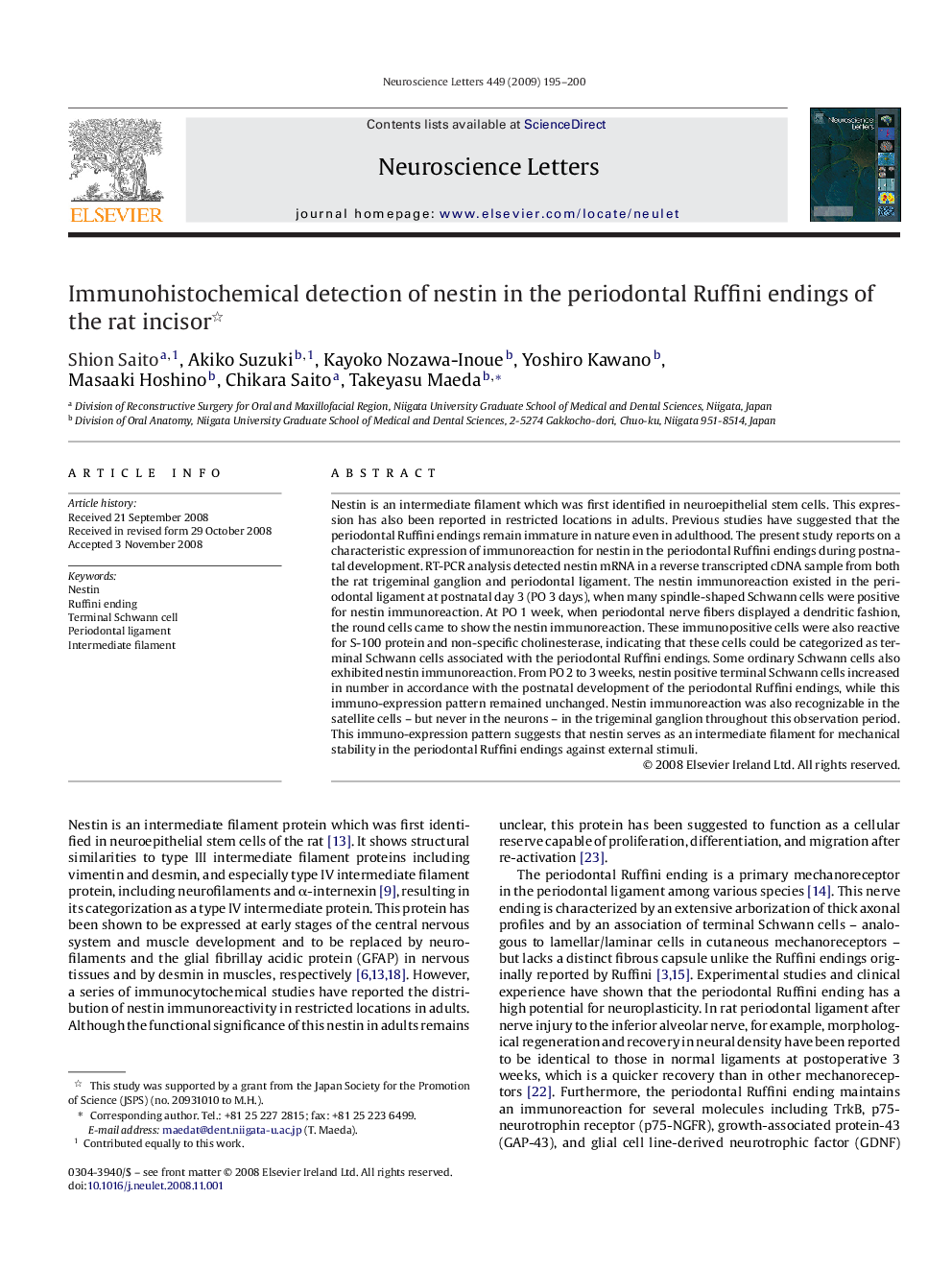 Immunohistochemical detection of nestin in the periodontal Ruffini endings of the rat incisor