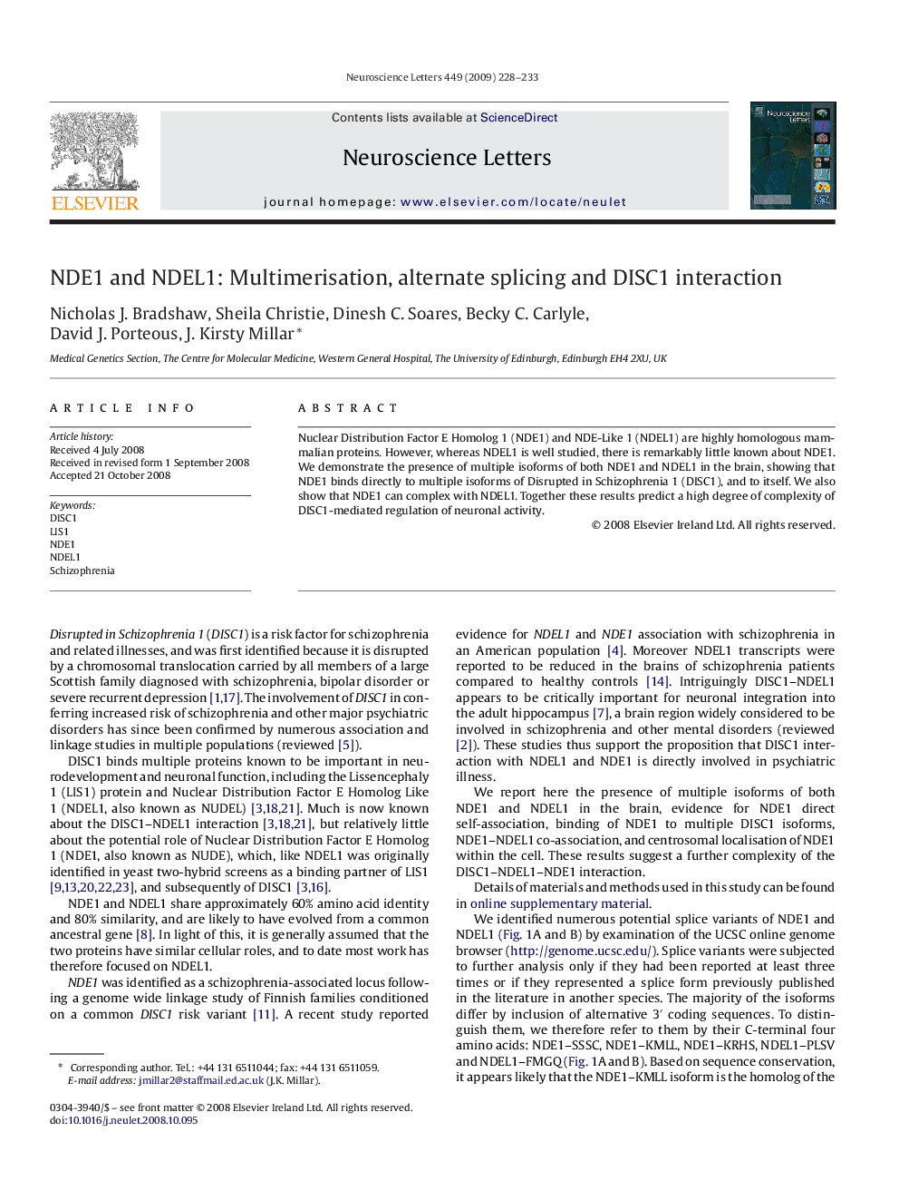 NDE1 and NDEL1: Multimerisation, alternate splicing and DISC1 interaction