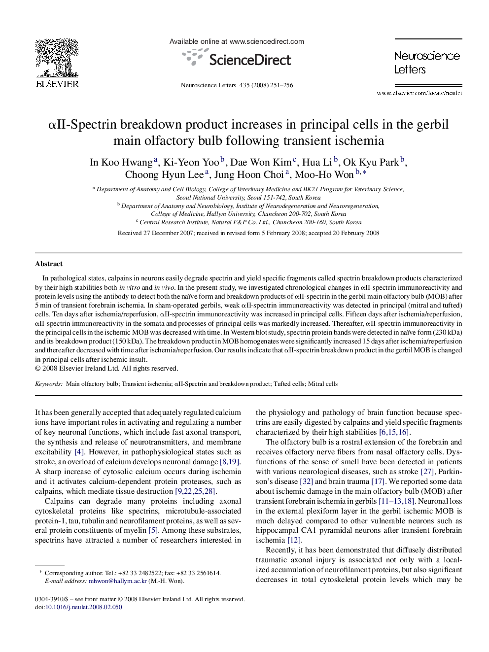 Î±II-Spectrin breakdown product increases in principal cells in the gerbil main olfactory bulb following transient ischemia