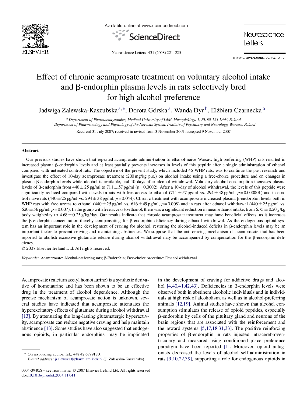 Effect of chronic acamprosate treatment on voluntary alcohol intake and Î²-endorphin plasma levels in rats selectively bred for high alcohol preference