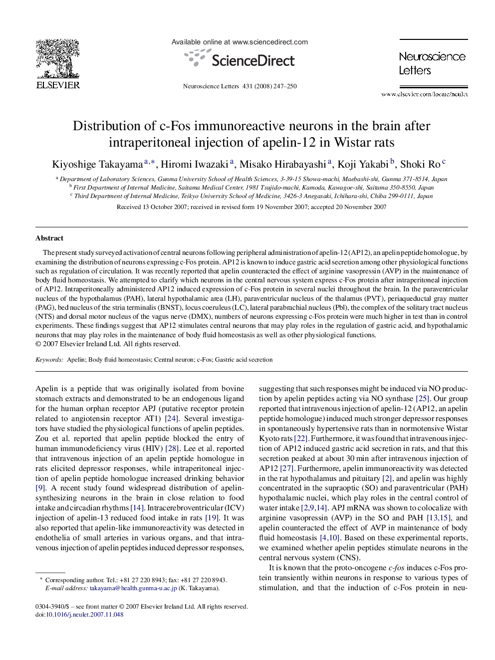 Distribution of c-Fos immunoreactive neurons in the brain after intraperitoneal injection of apelin-12 in Wistar rats