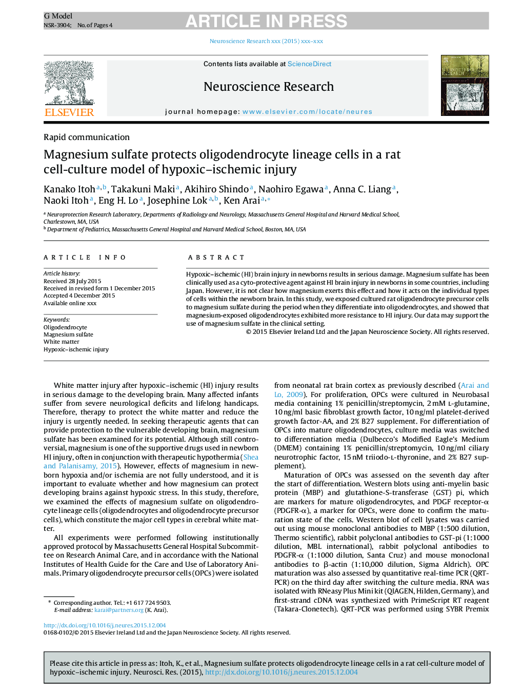 Magnesium sulfate protects oligodendrocyte lineage cells in a rat cell-culture model of hypoxic-ischemic injury