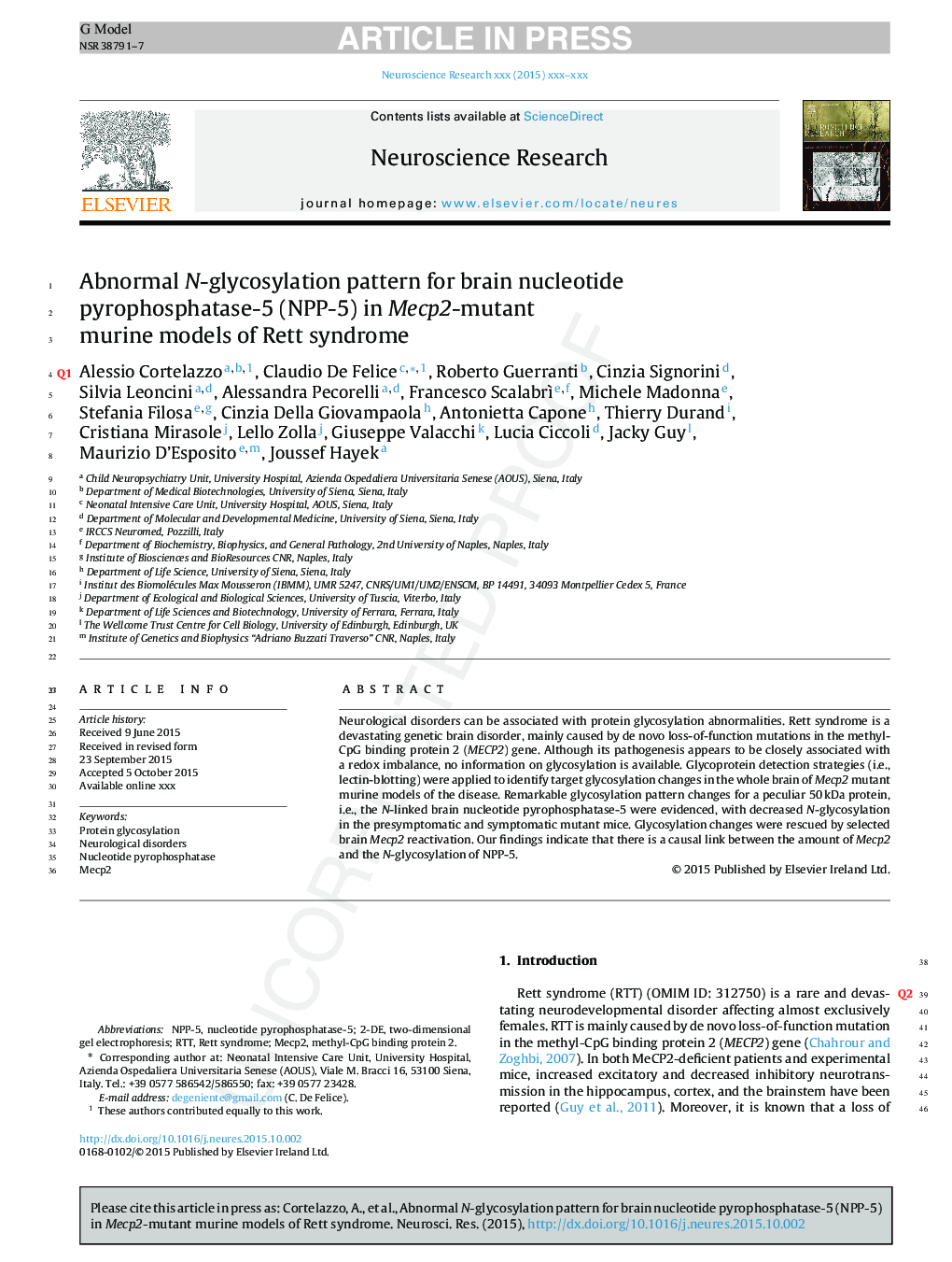 Abnormal N-glycosylation pattern for brain nucleotide pyrophosphatase-5 (NPP-5) in Mecp2-mutant murine models of Rett syndrome