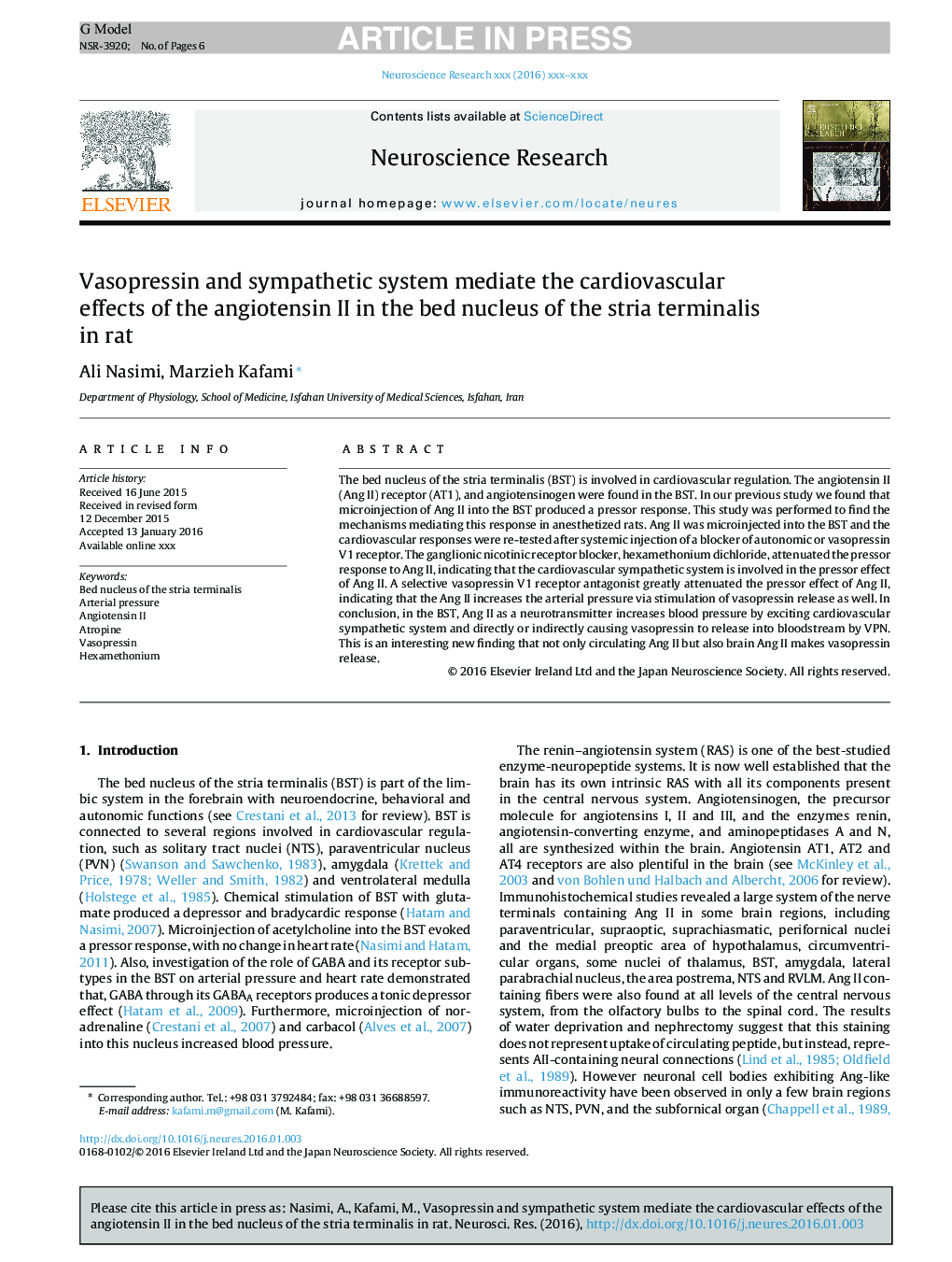 Vasopressin and sympathetic system mediate the cardiovascular effects of the angiotensin II in the bed nucleus of the stria terminalis in rat