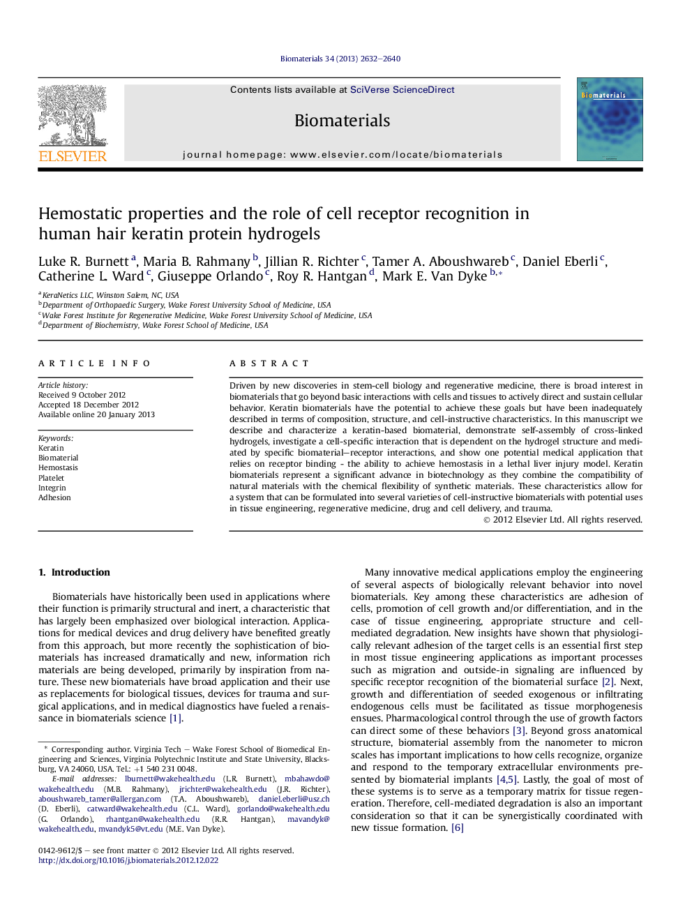 Hemostatic properties and the role of cell receptor recognition in human hair keratin protein hydrogels