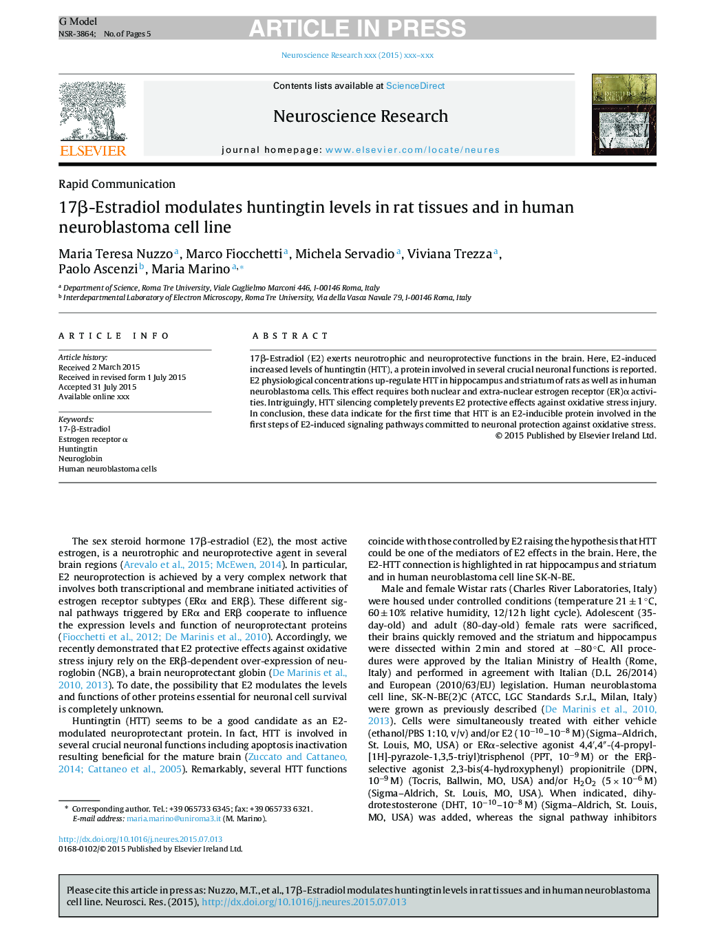 17Î²-Estradiol modulates huntingtin levels in rat tissues and in human neuroblastoma cell line