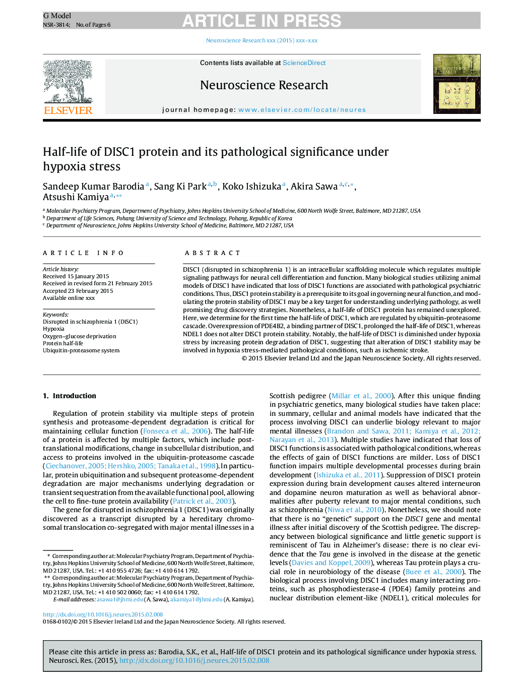 Half-life of DISC1 protein and its pathological significance under hypoxia stress