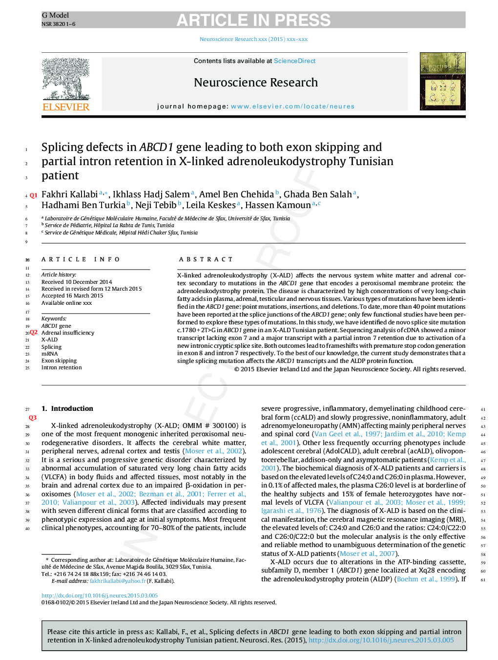 Splicing defects in ABCD1 gene leading to both exon skipping and partial intron retention in X-linked adrenoleukodystrophy Tunisian patient