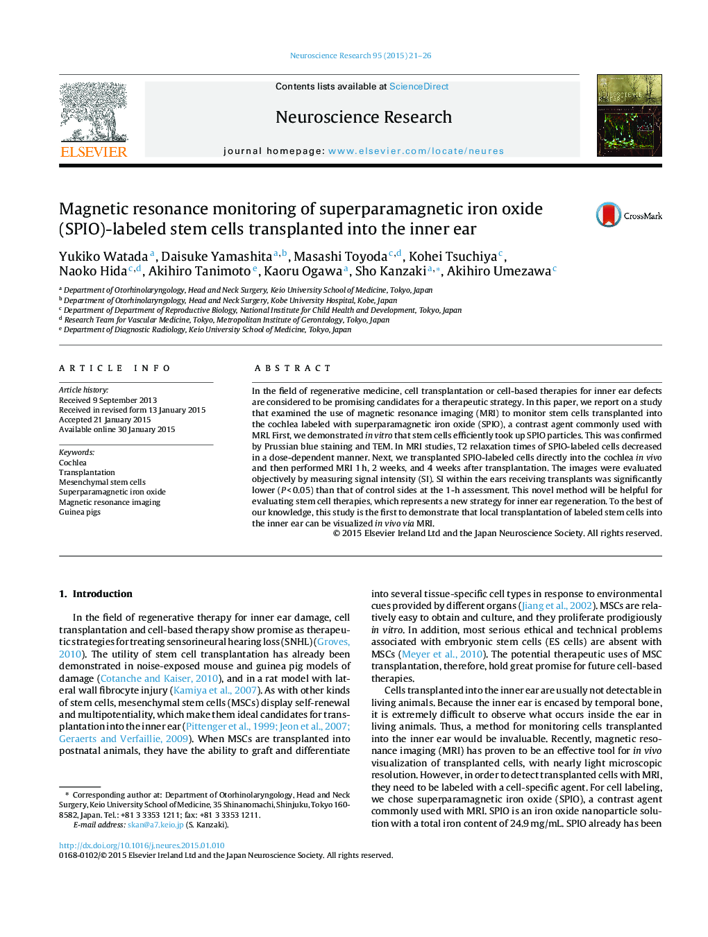 Magnetic resonance monitoring of superparamagnetic iron oxide (SPIO)-labeled stem cells transplanted into the inner ear