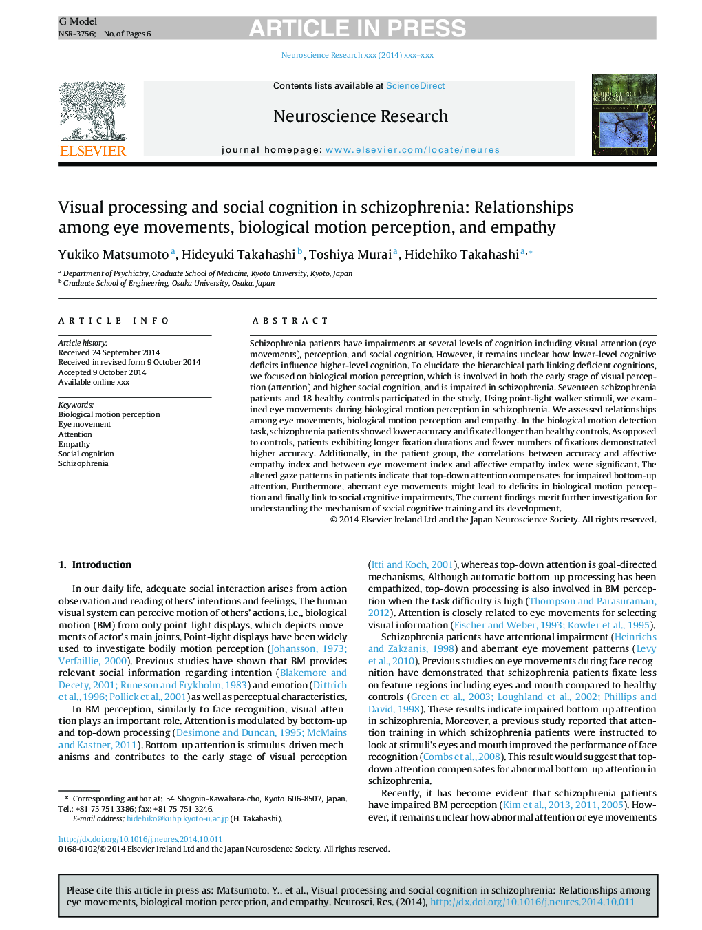 Visual processing and social cognition in schizophrenia: Relationships among eye movements, biological motion perception, and empathy