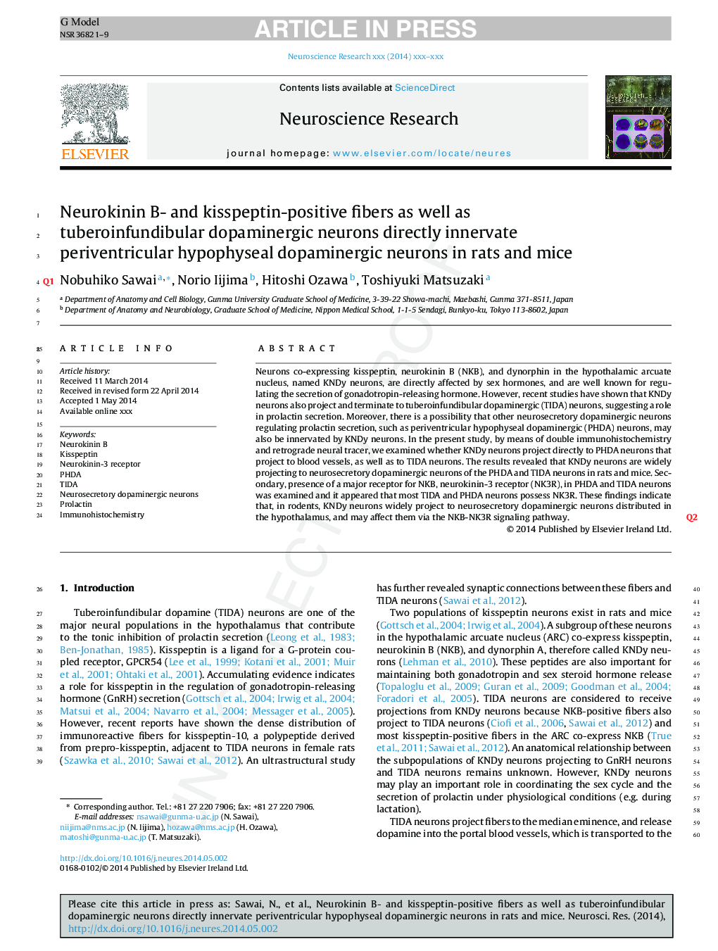 عکس صفحه اول مقاله: Neurokinin B- and kisspeptin-positive fibers as well as tuberoinfundibular dopaminergic neurons directly innervate periventricular hypophyseal dopaminergic neurons in rats and mice Neurokinin B- and kisspeptin-positive fibers as well as tuberoinfundibular dopaminergic neurons directly innervate periventricular hypophyseal dopaminergic neurons in rats and mice