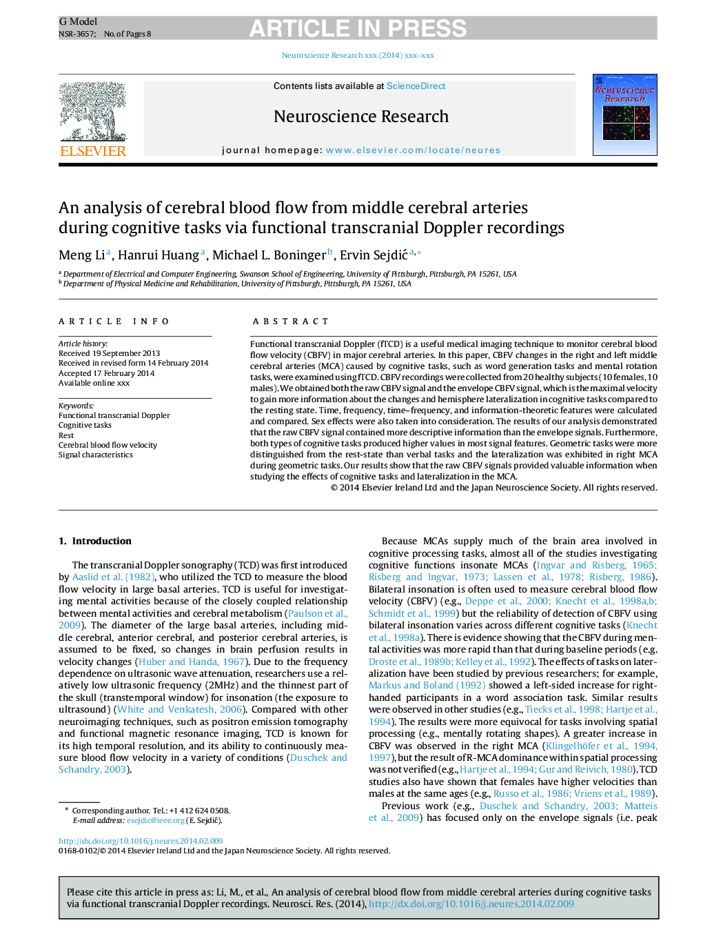 An analysis of cerebral blood flow from middle cerebral arteries during cognitive tasks via functional transcranial Doppler recordings