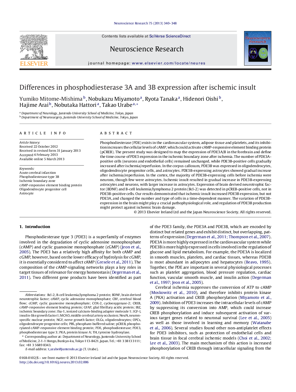 Differences in phosphodiesterase 3A and 3B expression after ischemic insult