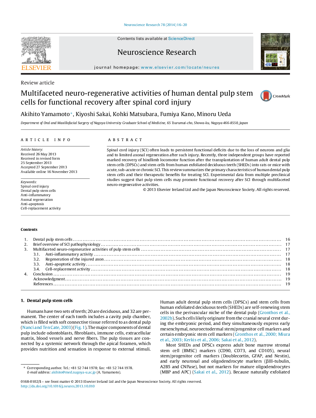 Review articleMultifaceted neuro-regenerative activities of human dental pulp stem cells for functional recovery after spinal cord injury