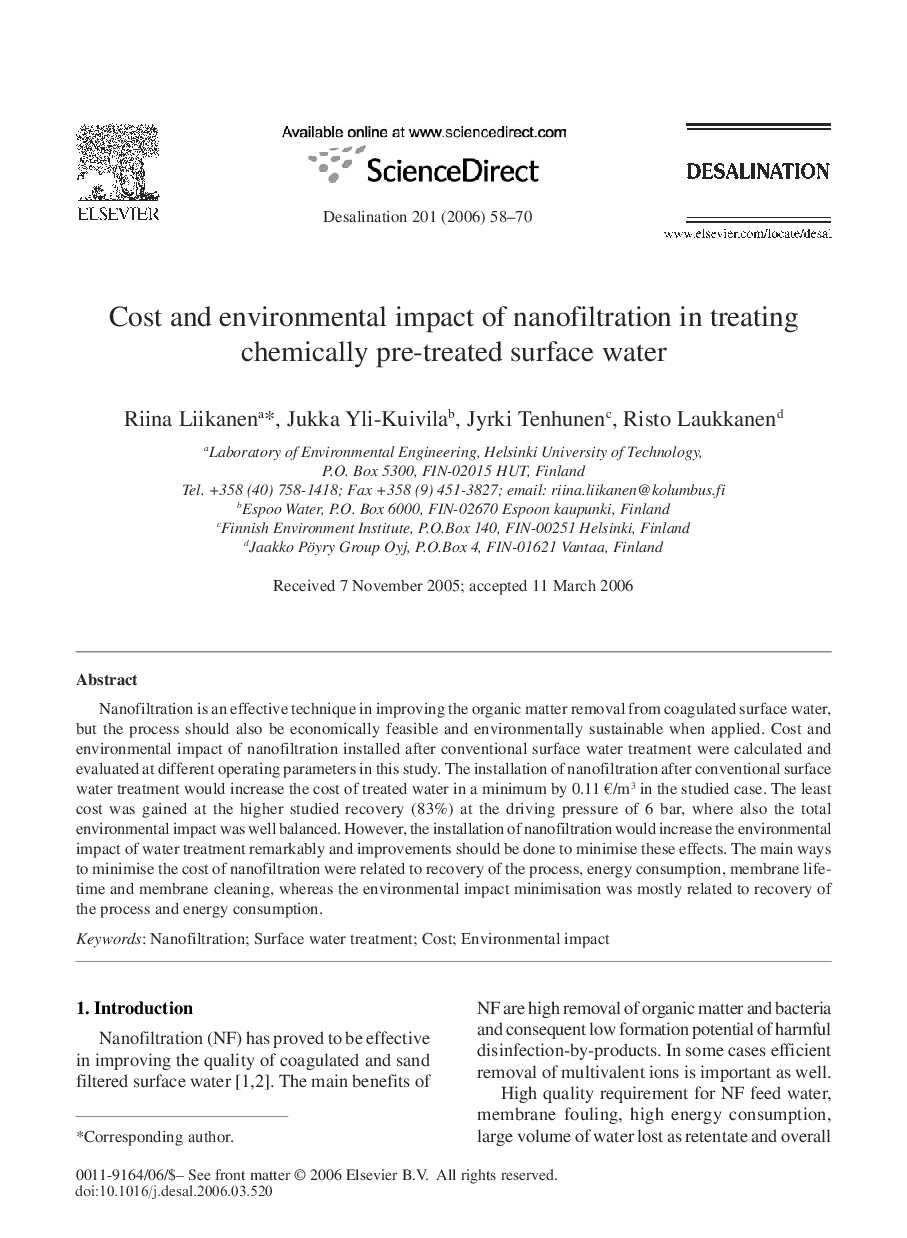 Cost and environmental impact of nanofiltration in treating chemically pre-treated surface water