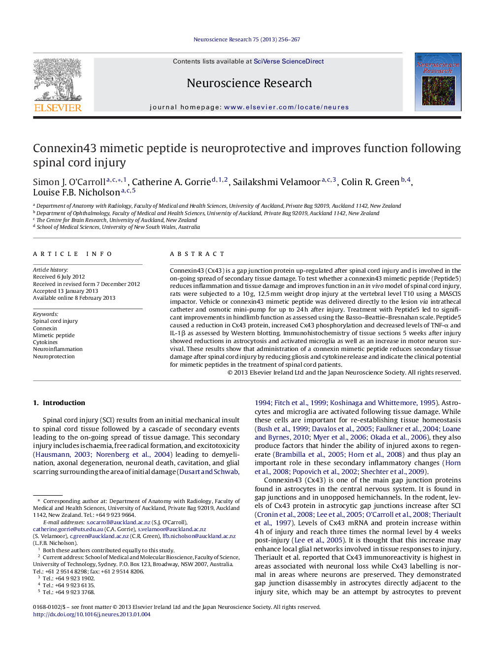 Connexin43 mimetic peptide is neuroprotective and improves function following spinal cord injury