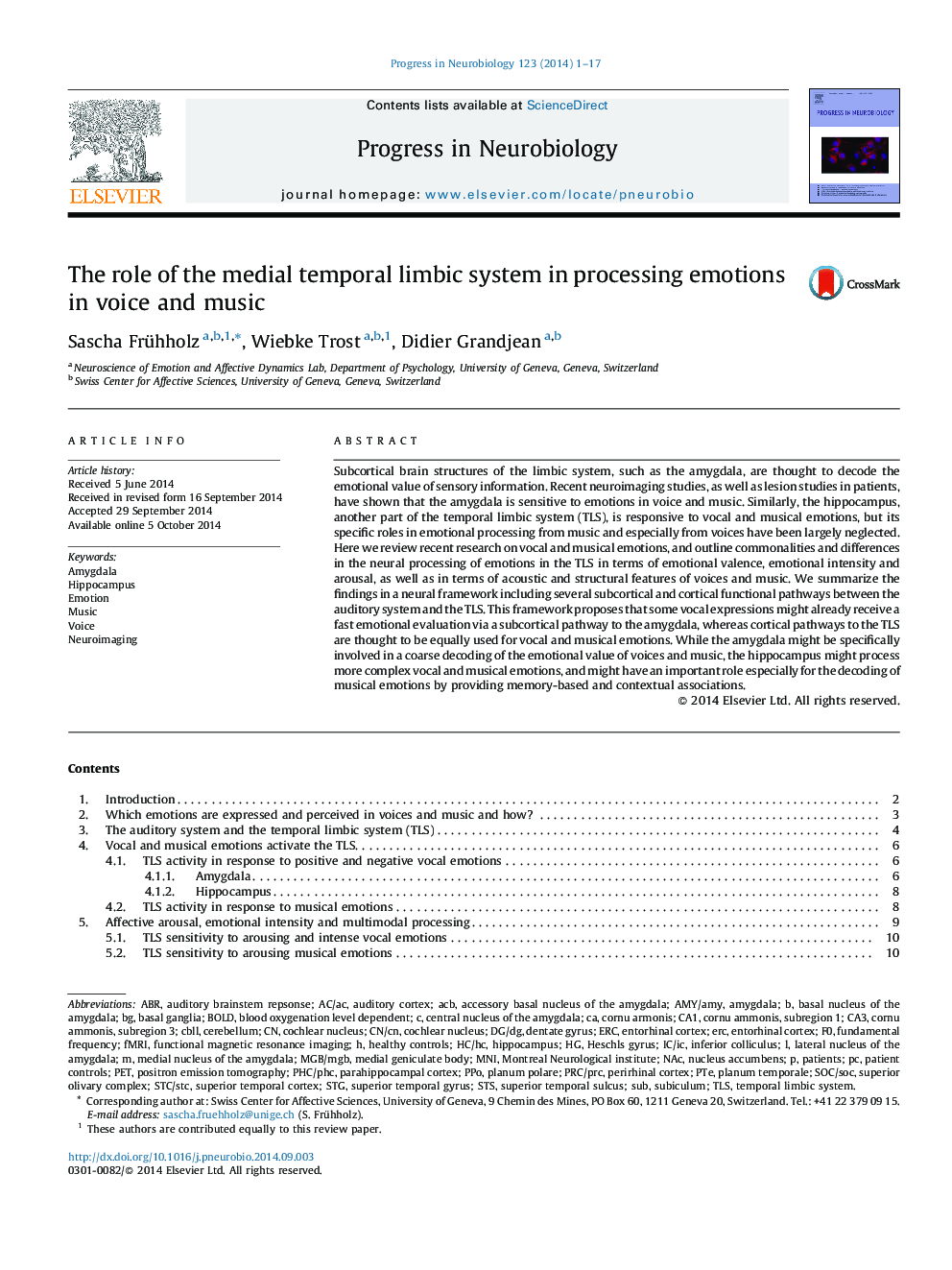 The role of the medial temporal limbic system in processing emotions in voice and music