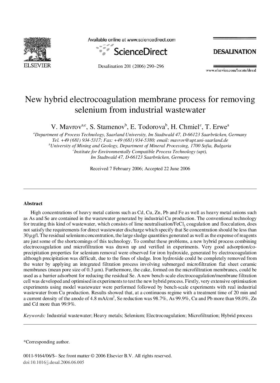 New hybrid electrocoagulation membrane process for removing selenium from industrial wastewater