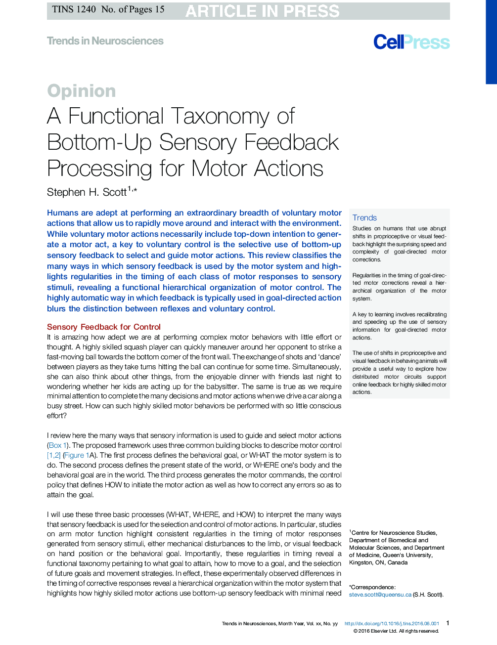 A Functional Taxonomy of Bottom-Up Sensory Feedback Processing for Motor Actions