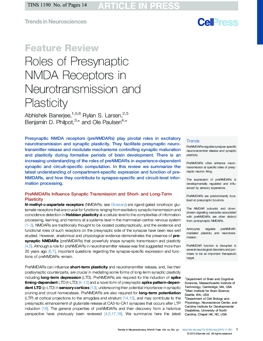 Roles of Presynaptic NMDA Receptors in Neurotransmission and Plasticity