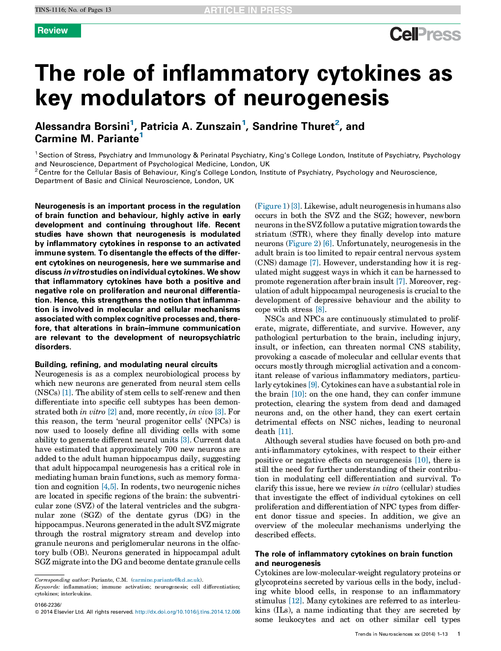 The role of inflammatory cytokines as key modulators of neurogenesis