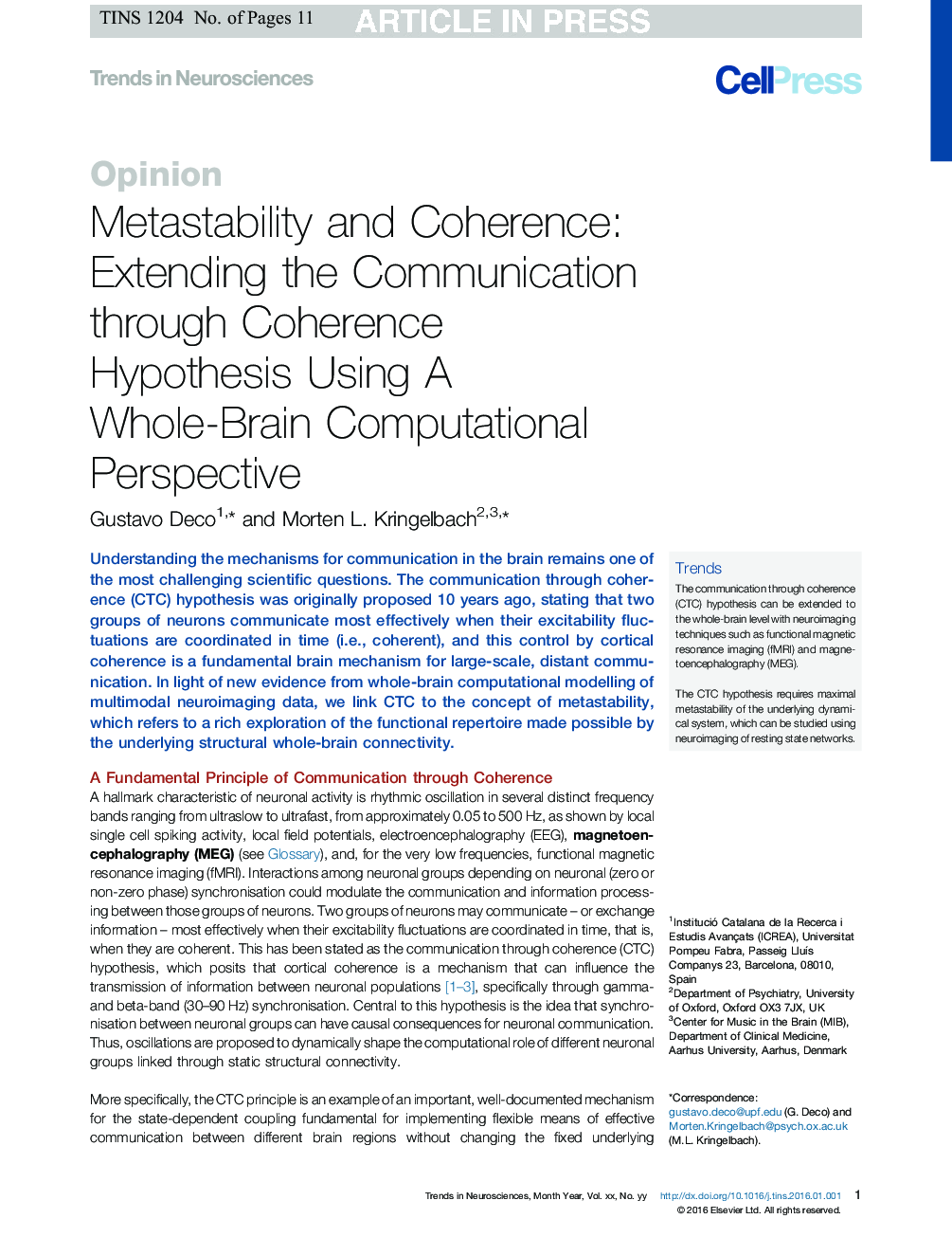 Metastability and Coherence: Extending the Communication through Coherence Hypothesis Using A Whole-Brain Computational Perspective