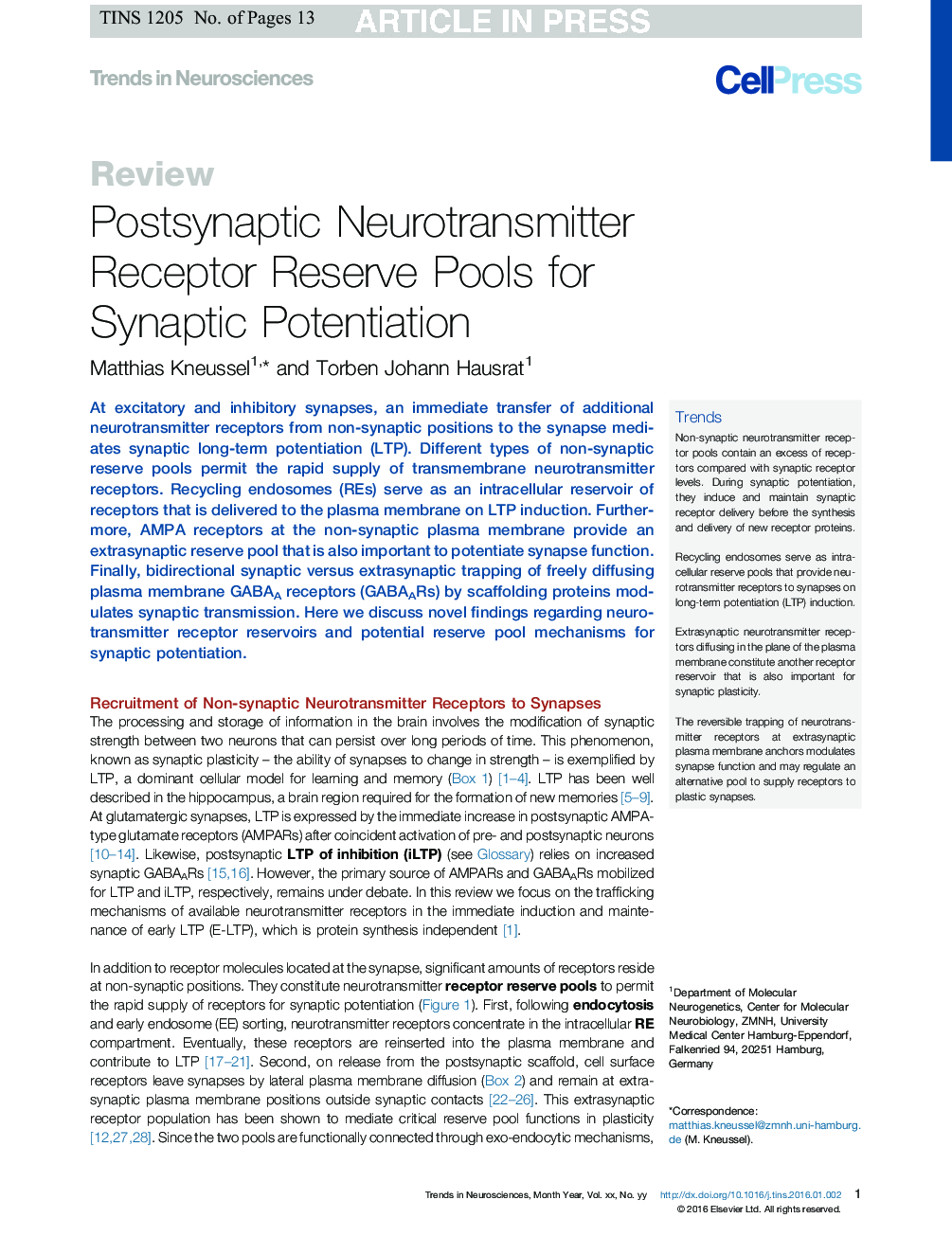 Postsynaptic Neurotransmitter Receptor Reserve Pools for Synaptic Potentiation