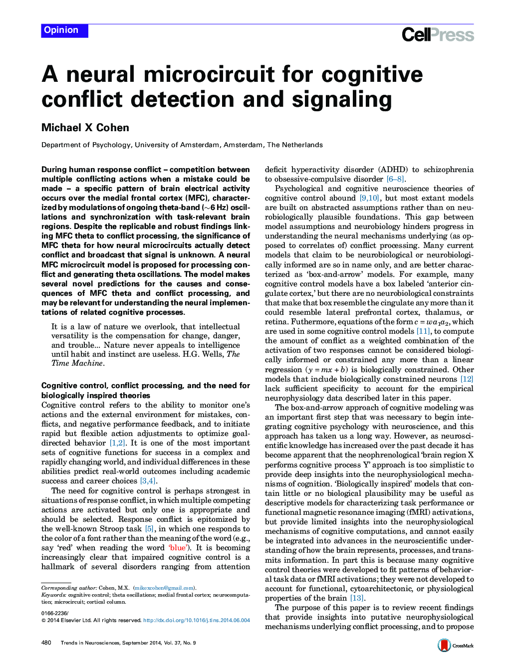 A neural microcircuit for cognitive conflict detection and signaling