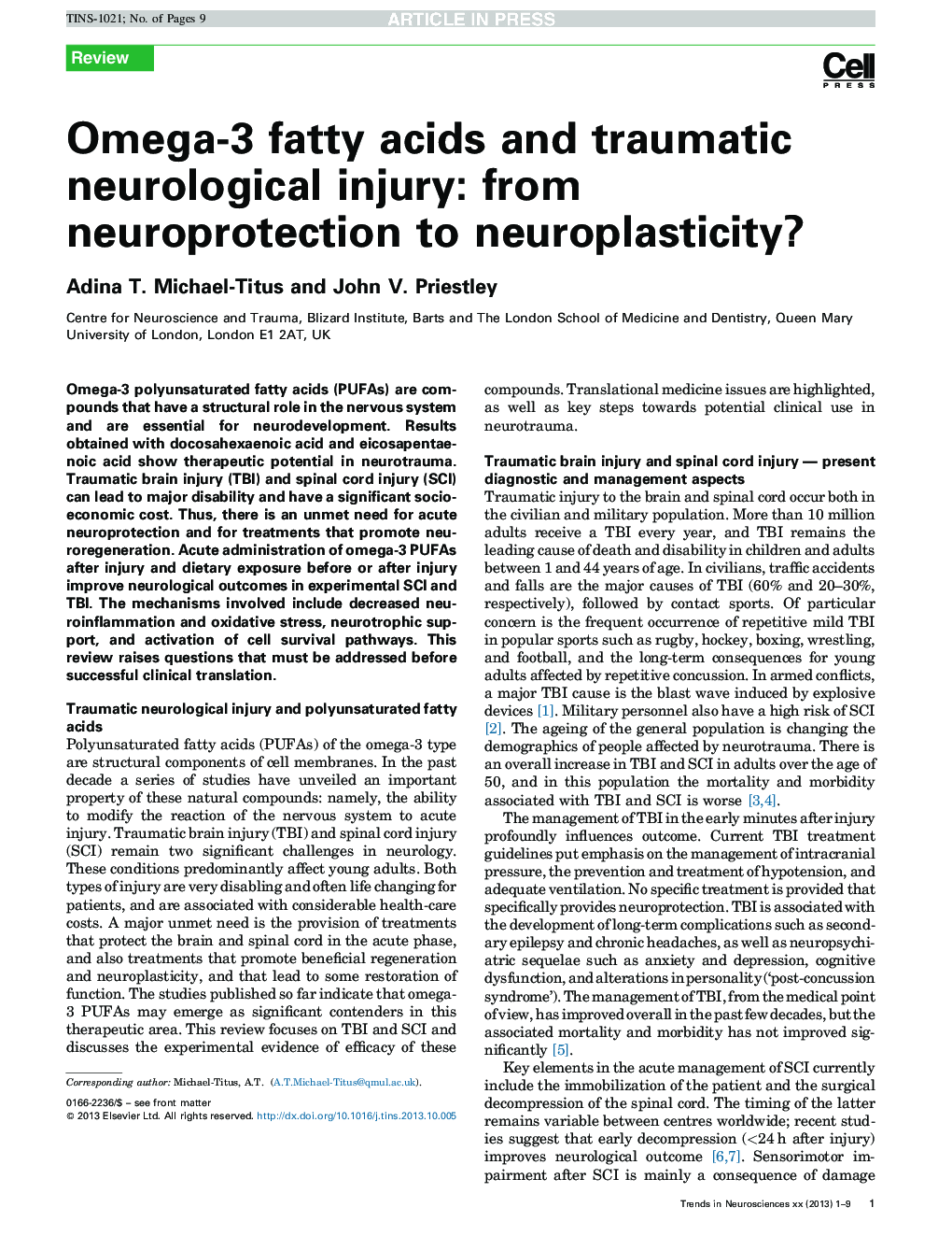 Omega-3 fatty acids and traumatic neurological injury: from neuroprotection to neuroplasticity?