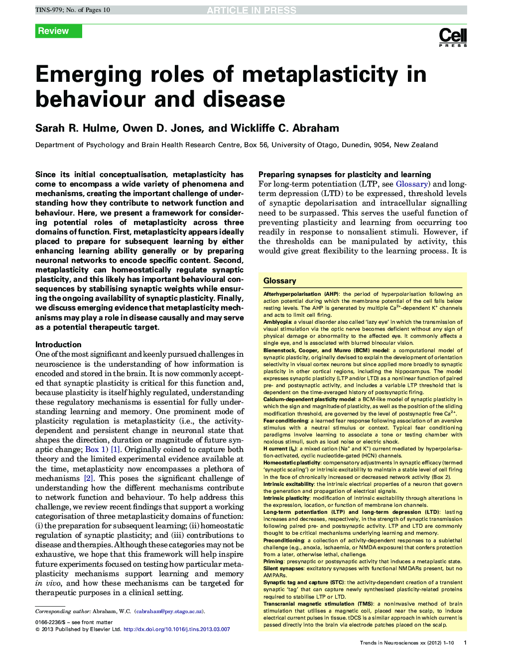 Emerging roles of metaplasticity in behaviour and disease
