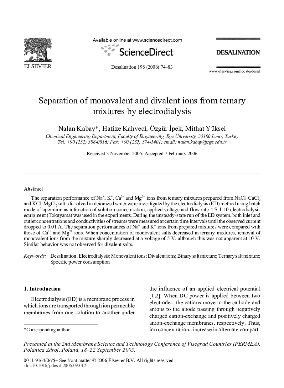 Separation of monovalent and divalent ions from ternary mixtures by electrodialysis